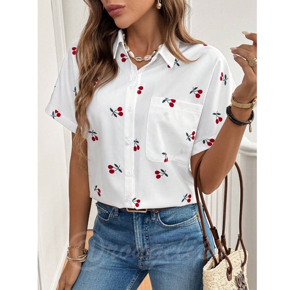 White Casual Shirt Printed Red Cherries Button Down Up - Picture 9 of 10